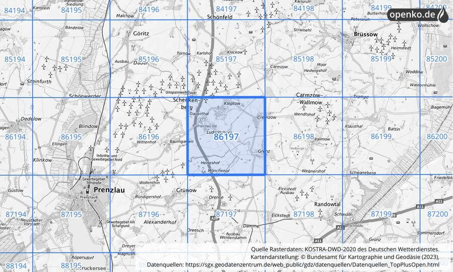 Übersichtskarte des KOSTRA-DWD-2020-Rasterfeldes Nr. 86197