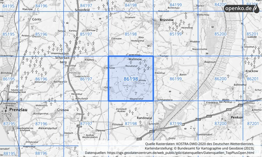 Übersichtskarte des KOSTRA-DWD-2020-Rasterfeldes Nr. 86198