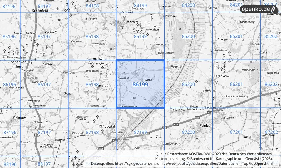 Übersichtskarte des KOSTRA-DWD-2020-Rasterfeldes Nr. 86199