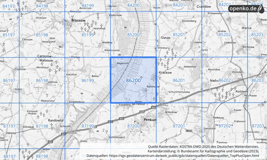 Übersichtskarte des KOSTRA-DWD-2020-Rasterfeldes Nr. 86200