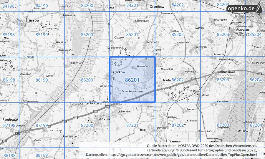 Übersichtskarte des KOSTRA-DWD-2020-Rasterfeldes Nr. 86201