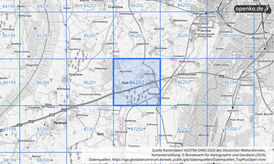 Übersichtskarte des KOSTRA-DWD-2020-Rasterfeldes Nr. 86202