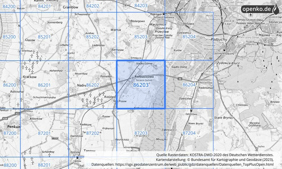 Übersichtskarte des KOSTRA-DWD-2020-Rasterfeldes Nr. 86203