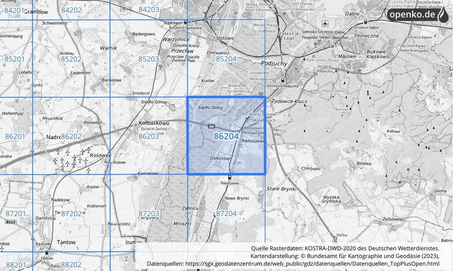 Übersichtskarte des KOSTRA-DWD-2020-Rasterfeldes Nr. 86204