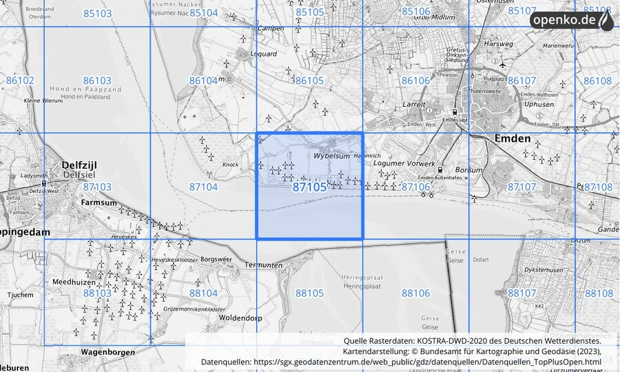 Übersichtskarte des KOSTRA-DWD-2020-Rasterfeldes Nr. 87105