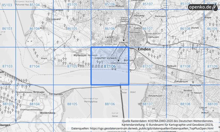 Übersichtskarte des KOSTRA-DWD-2020-Rasterfeldes Nr. 87106