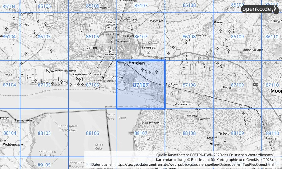 Übersichtskarte des KOSTRA-DWD-2020-Rasterfeldes Nr. 87107