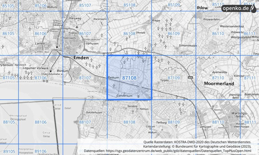 Übersichtskarte des KOSTRA-DWD-2020-Rasterfeldes Nr. 87108