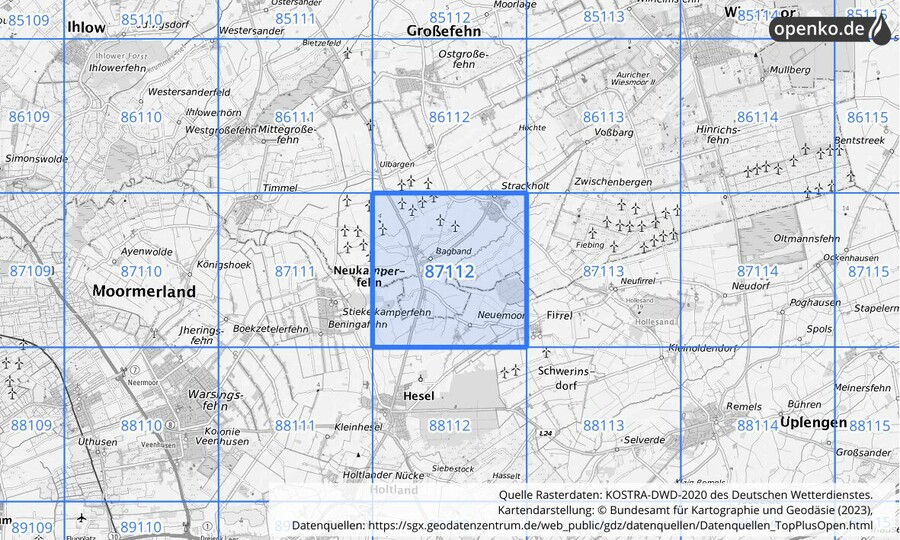 Übersichtskarte des KOSTRA-DWD-2020-Rasterfeldes Nr. 87112