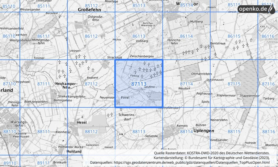 Übersichtskarte des KOSTRA-DWD-2020-Rasterfeldes Nr. 87113