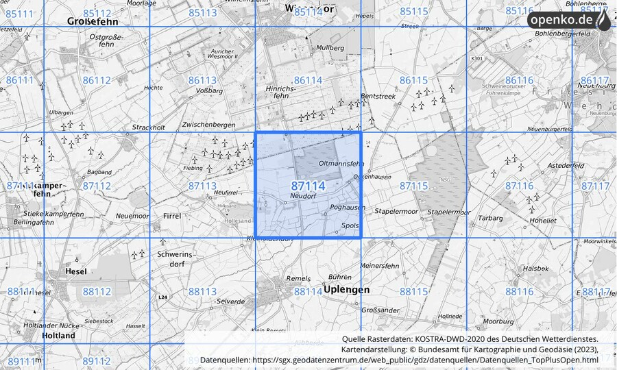 Übersichtskarte des KOSTRA-DWD-2020-Rasterfeldes Nr. 87114