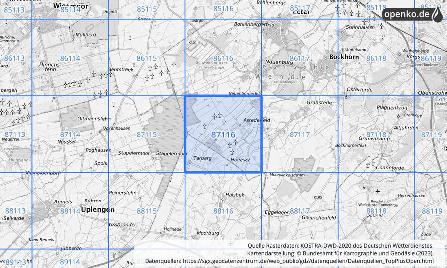 Übersichtskarte des KOSTRA-DWD-2020-Rasterfeldes Nr. 87116