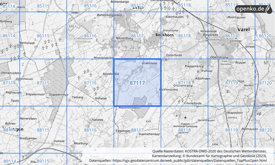 Übersichtskarte des KOSTRA-DWD-2020-Rasterfeldes Nr. 87117
