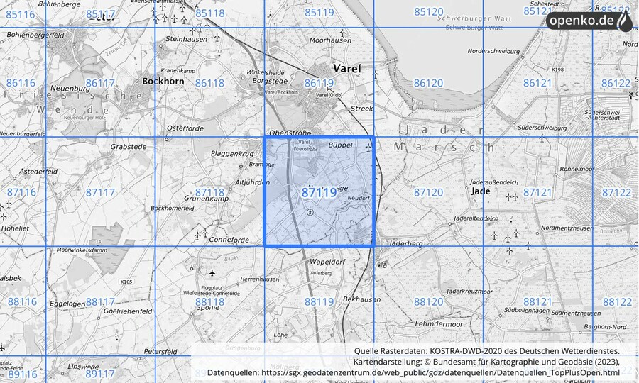 Übersichtskarte des KOSTRA-DWD-2020-Rasterfeldes Nr. 87119