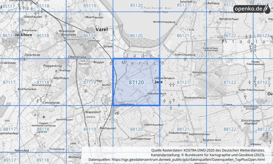 Übersichtskarte des KOSTRA-DWD-2020-Rasterfeldes Nr. 87120