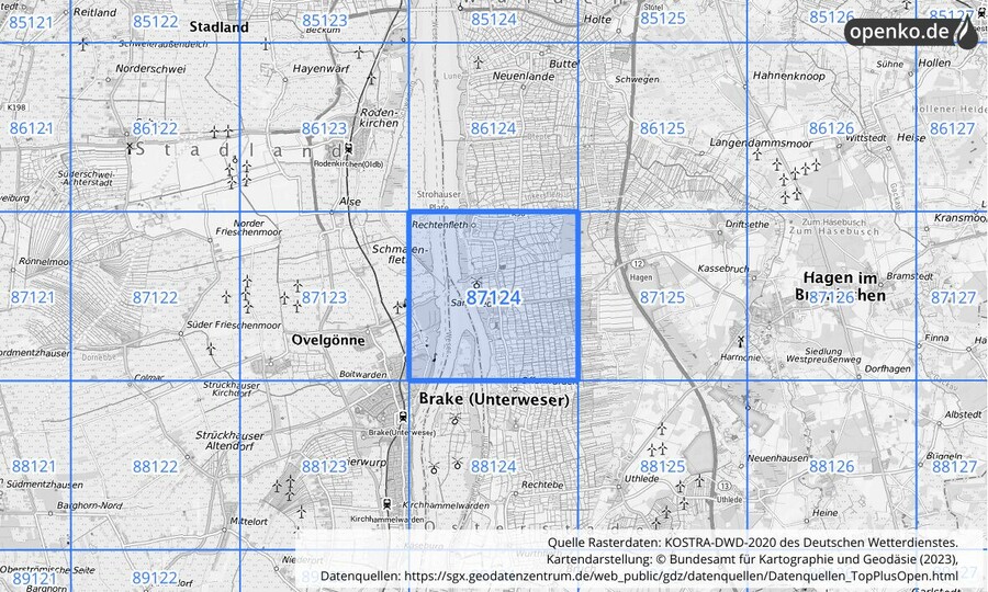 Übersichtskarte des KOSTRA-DWD-2020-Rasterfeldes Nr. 87124
