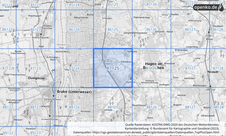 Übersichtskarte des KOSTRA-DWD-2020-Rasterfeldes Nr. 87125