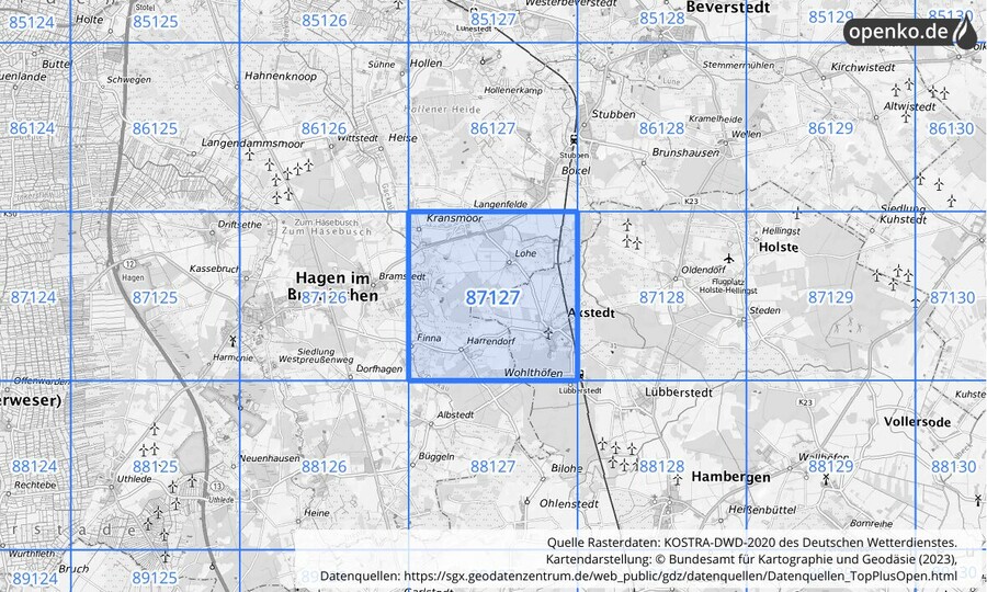 Übersichtskarte des KOSTRA-DWD-2020-Rasterfeldes Nr. 87127