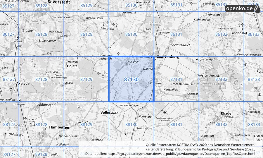 Übersichtskarte des KOSTRA-DWD-2020-Rasterfeldes Nr. 87130