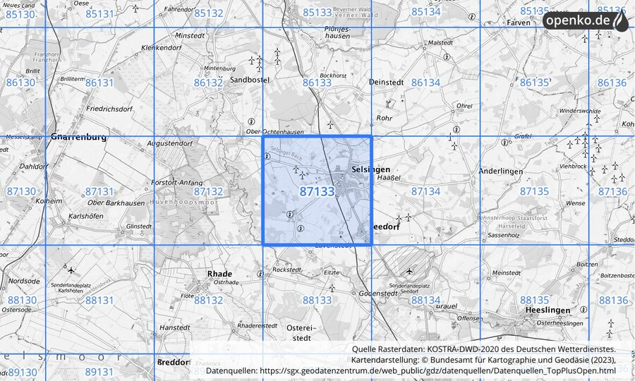 Übersichtskarte des KOSTRA-DWD-2020-Rasterfeldes Nr. 87133