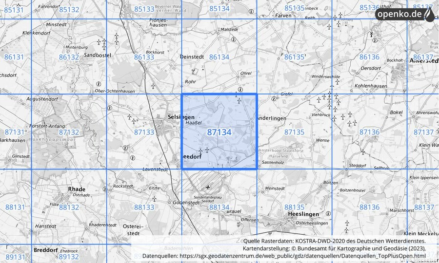 Übersichtskarte des KOSTRA-DWD-2020-Rasterfeldes Nr. 87134