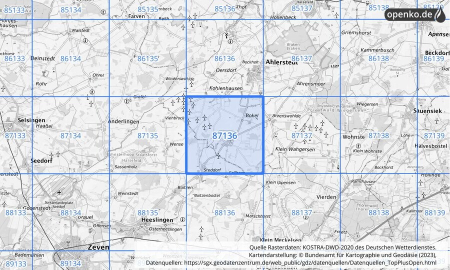 Übersichtskarte des KOSTRA-DWD-2020-Rasterfeldes Nr. 87136