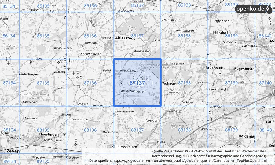 Übersichtskarte des KOSTRA-DWD-2020-Rasterfeldes Nr. 87137