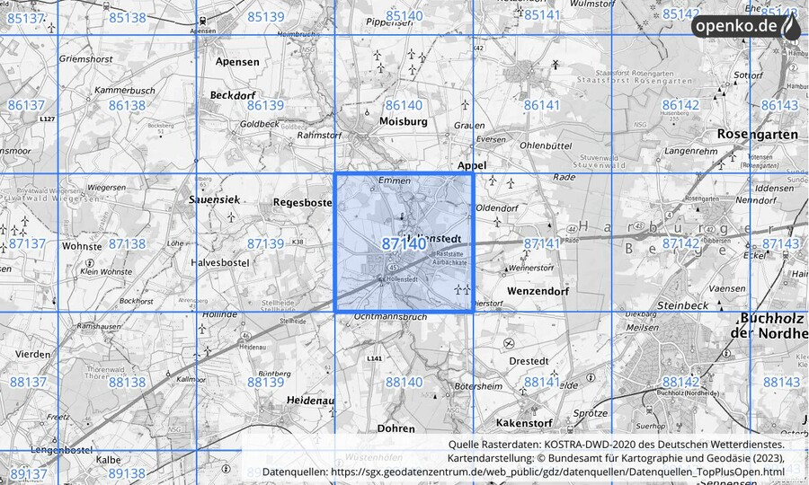 Übersichtskarte des KOSTRA-DWD-2020-Rasterfeldes Nr. 87140