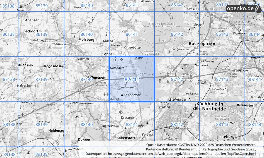 Übersichtskarte des KOSTRA-DWD-2020-Rasterfeldes Nr. 87141