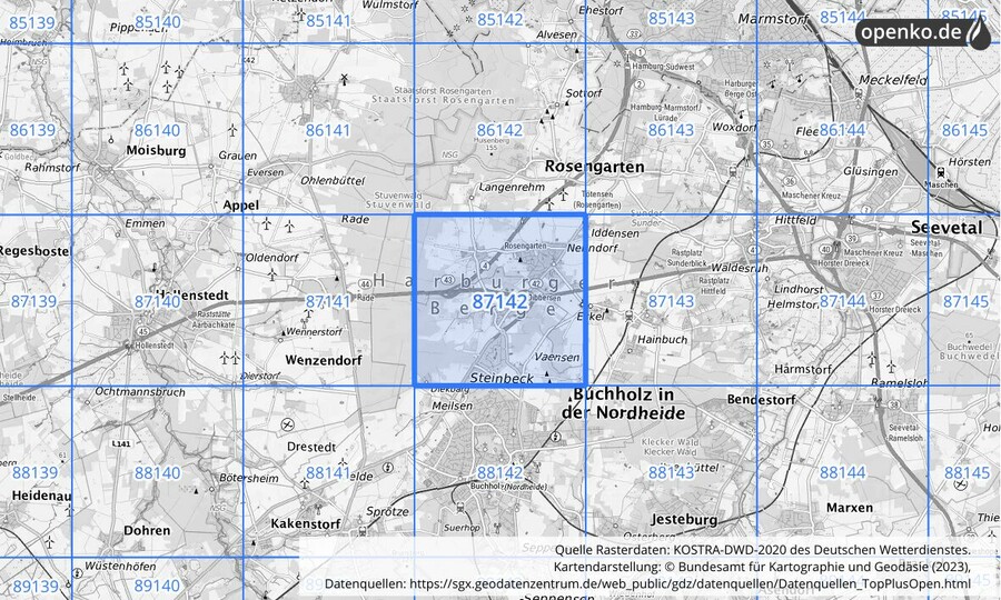 Übersichtskarte des KOSTRA-DWD-2020-Rasterfeldes Nr. 87142