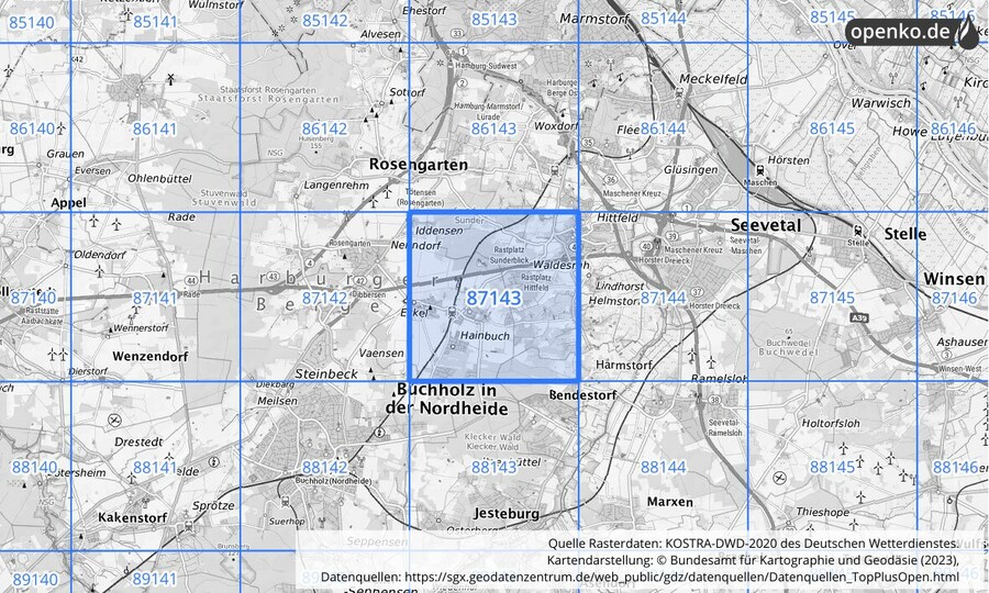 Übersichtskarte des KOSTRA-DWD-2020-Rasterfeldes Nr. 87143