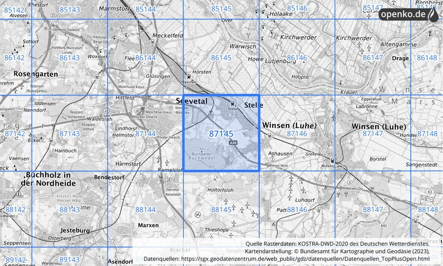 Übersichtskarte des KOSTRA-DWD-2020-Rasterfeldes Nr. 87145