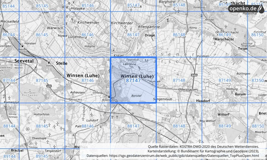 Übersichtskarte des KOSTRA-DWD-2020-Rasterfeldes Nr. 87147