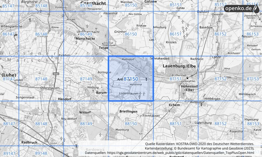 Übersichtskarte des KOSTRA-DWD-2020-Rasterfeldes Nr. 87150