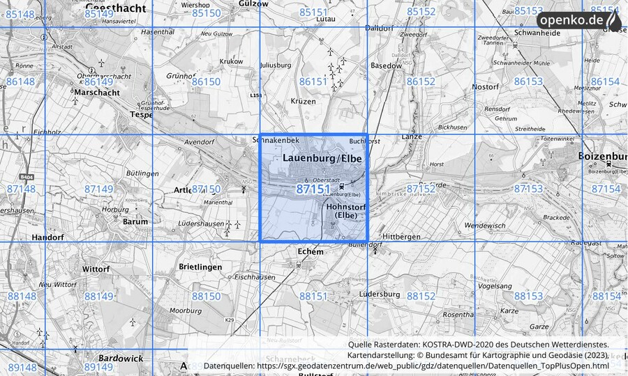 Übersichtskarte des KOSTRA-DWD-2020-Rasterfeldes Nr. 87151