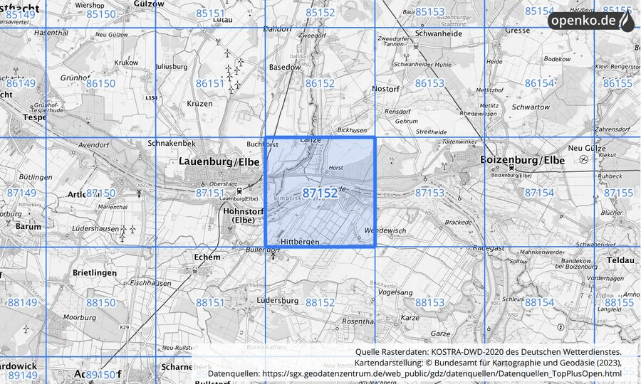 Übersichtskarte des KOSTRA-DWD-2020-Rasterfeldes Nr. 87152