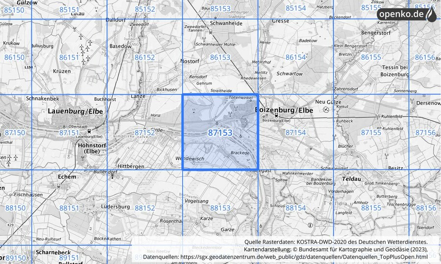 Übersichtskarte des KOSTRA-DWD-2020-Rasterfeldes Nr. 87153