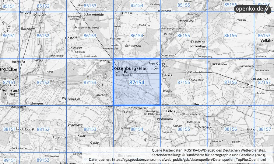 Übersichtskarte des KOSTRA-DWD-2020-Rasterfeldes Nr. 87154