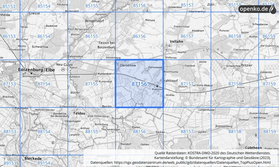 Übersichtskarte des KOSTRA-DWD-2020-Rasterfeldes Nr. 87156