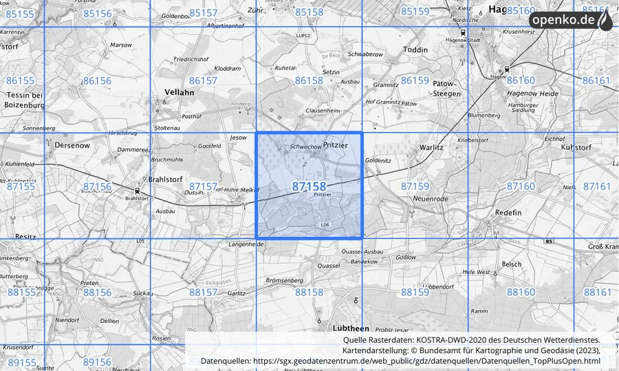 Übersichtskarte des KOSTRA-DWD-2020-Rasterfeldes Nr. 87158