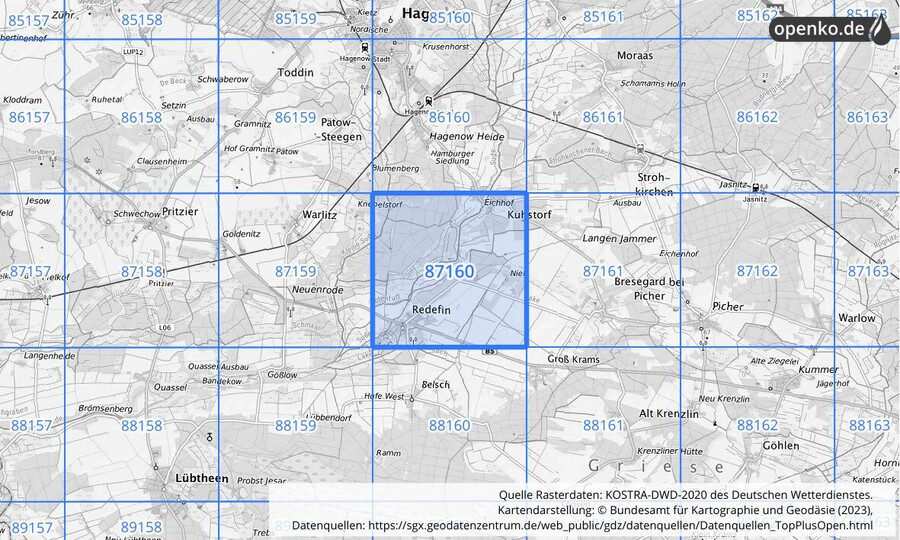 Übersichtskarte des KOSTRA-DWD-2020-Rasterfeldes Nr. 87160