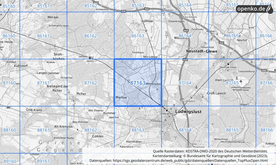 Übersichtskarte des KOSTRA-DWD-2020-Rasterfeldes Nr. 87163