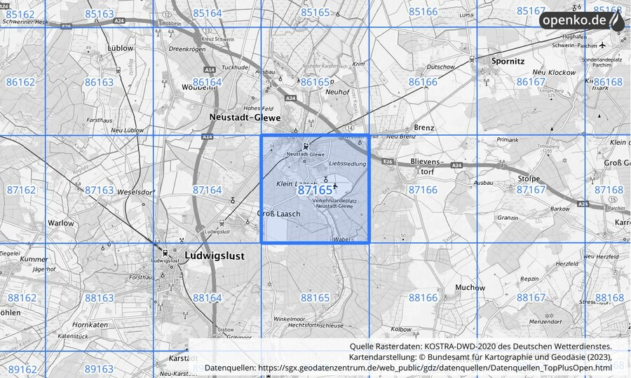 Übersichtskarte des KOSTRA-DWD-2020-Rasterfeldes Nr. 87165