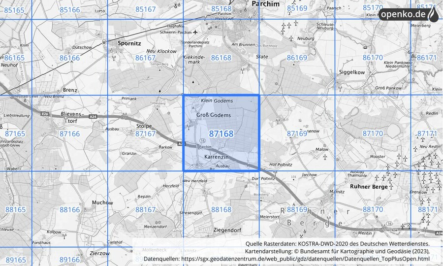 Übersichtskarte des KOSTRA-DWD-2020-Rasterfeldes Nr. 87168