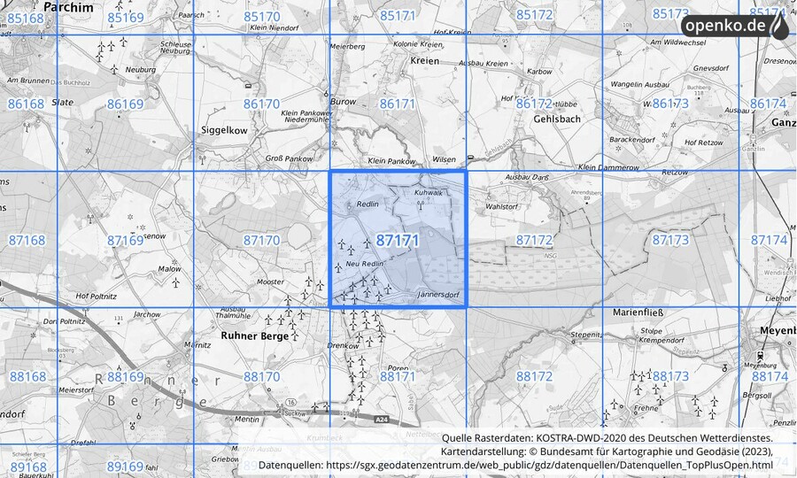 Übersichtskarte des KOSTRA-DWD-2020-Rasterfeldes Nr. 87171