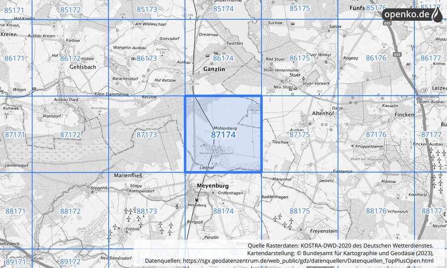 Übersichtskarte des KOSTRA-DWD-2020-Rasterfeldes Nr. 87174