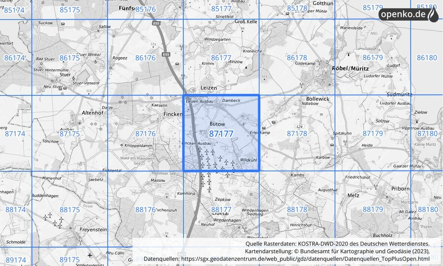 Übersichtskarte des KOSTRA-DWD-2020-Rasterfeldes Nr. 87177