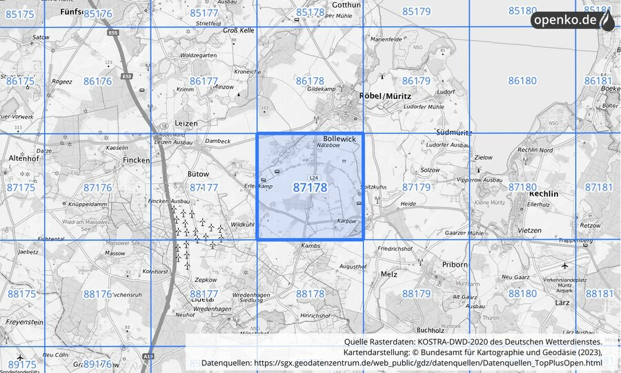 Übersichtskarte des KOSTRA-DWD-2020-Rasterfeldes Nr. 87178