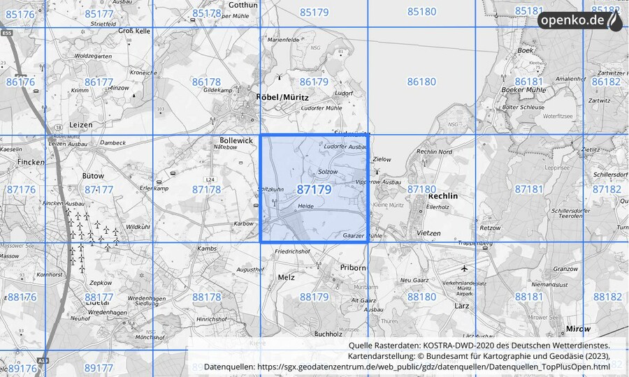 Übersichtskarte des KOSTRA-DWD-2020-Rasterfeldes Nr. 87179