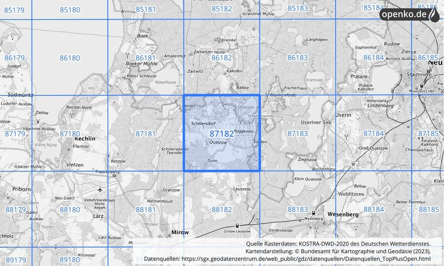 Übersichtskarte des KOSTRA-DWD-2020-Rasterfeldes Nr. 87182